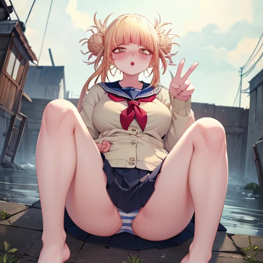 masterpiece, highest quality, High resolution,  Long Hair， Short skirt，barefoot，Looking up，Embarrassed face，Angle from below、Big Breasts、Sailor outfit、Striped underwear、The legs are quite thin、soaked、Spread your legs、I avoid underwear、ruins、cardigan、Peace sign next to face