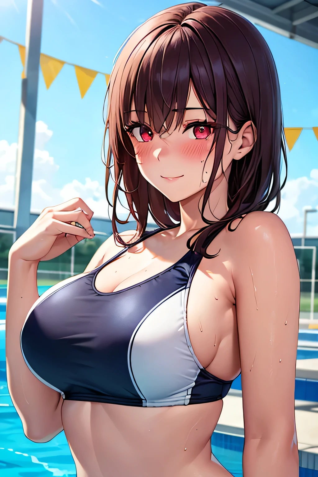 ((highest quality, High resolution, Perfect Pixel, Written boundary depth, 8k)), 1 girl, high school student, beautiful girl, (Detailed face, Perfect Face), Baby Face,((Red eyes:1.4, Beautiful eyelashes, Realistic eyes)), ( blush:1.4), Beautiful smile, ((Brown Hair,short hair, Curly Hair:0.5)), ((Smooth texture:0.75, Realistic texture:0.65)), Sweaty skin:1.3, Medium chest, Perfect body, Firm stomach, (Swimwear:1.3), (separate:1.5), Public swimming pool