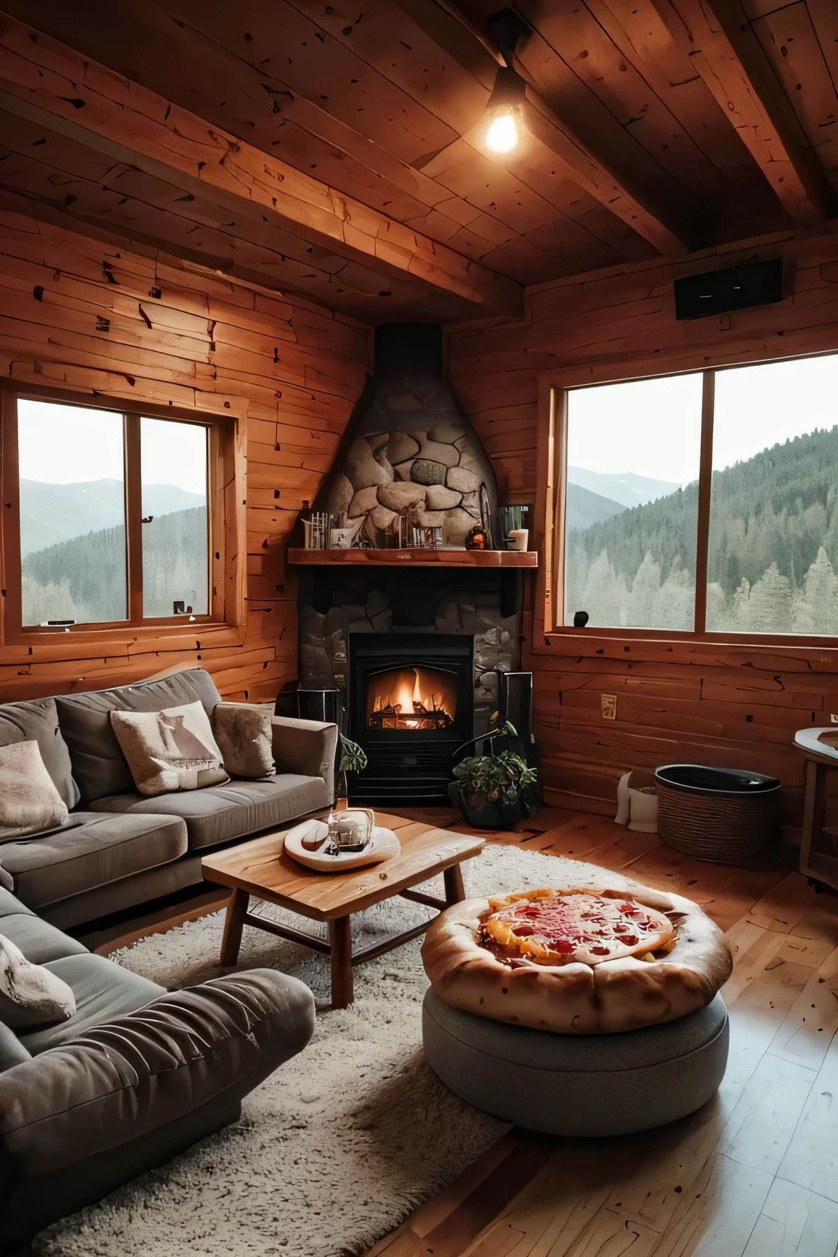 there are two pizzas on a table in a living room, cozy environment, cozy setting, cozy living room, cozy place, inside of a cabin, cozy atmosphere, in a cabin, very cozy, pleasant cozy atmosphere, indoor shot, luxurious environment, cozy and peaceful atmosphere, cozy room, pizza in foreground, comfy ambience, epic view, warm interior