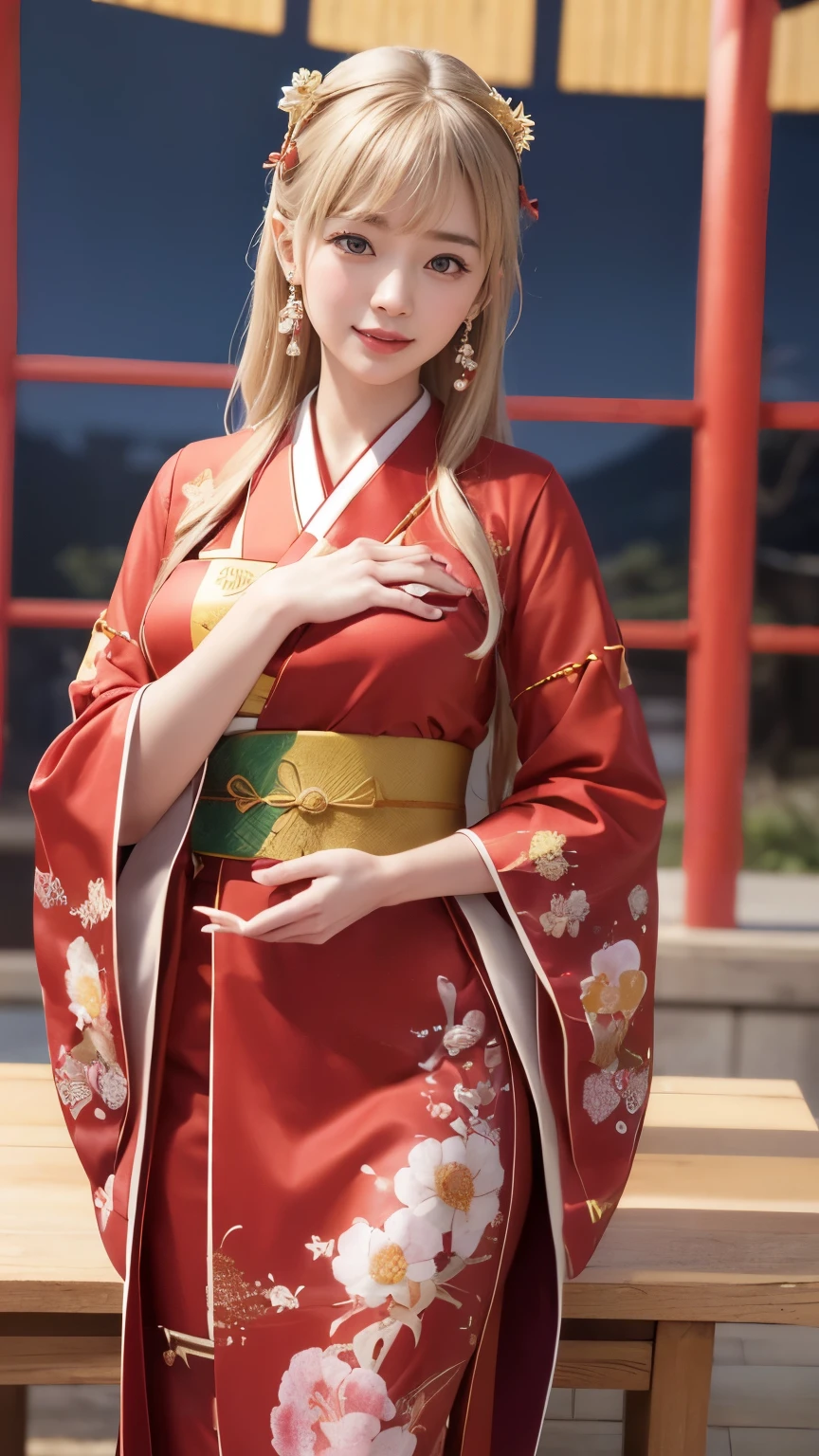 (((Japanese New Year scenery))), (((SFW))), 8k, ((Tabletop)),(((highest quality))),((Very detailedな)),((((Realistic)))), Photorealistic:1.37, (超Realisticな), (Awareness-raising), (High resolution), (Very detailedな), (The best Awareness-raisingns), (Very detailedな細), (wall), (Detailed face), (Beautiful expression), ((詳細 highest qualityのスキン:1.2)), ((Reddish blush)), (Very detailedな細な背景, Detailed Background), (beautifully、aesthetic: 1.2), Very detailed, (((Woman in priestess dress:1.5))), ((Affectionate smile)), There is a woman standing there wearing a shrine maiden outfit and with bare skin.., (((thin shrine maiden kimono))), ((girl'hair: Shrine maiden decoration on roll-up hair)), New Year's pine decoration, all of, Red Torii Gate, Big business, Praying Customer, Gorgeous New Year decorations, 金箔装飾されたBig business, At the shrine shining in the morning sun