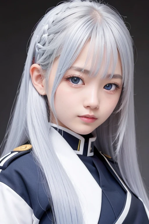 Japanese girl (18year), long haired, random hair style, silver hair, blue eyes color, perfect big breast, high detailed eyes, high detail face, high detailed skin, marine uniform, eyesight on viewer, happy expression, cute smile expression,