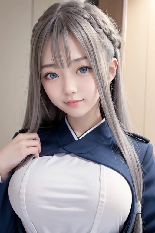 Japanese girl (18year), long haired, random hair style, silver hair, blue eyes color, perfect big breast, high detailed eyes, high detail face, high detailed skin, marine uniform, eyesight on viewer, happy expression, cute smile expression,