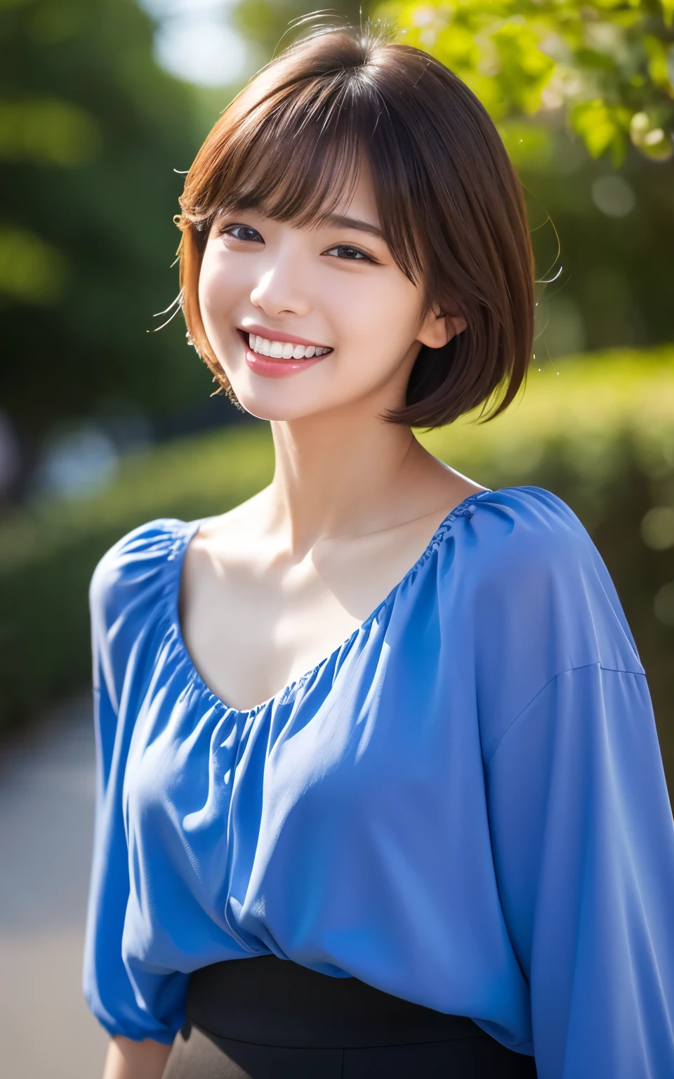 (Realistic:1.4), (Surreal:1.4), (Smooth lighting:1.05), 1 girl, Laugh a little,  Pure beauty, 22 years ago, Soft lighting, Backlight, (最high qualityのリアルな肌の質感), Narrow eyes, Very detailedな顔, Glowing Skin, retina, Anatomically correct, Acura, Very detailed, Rough skin, high quality, Advanced Details, 最high quality, High resolution,Under the refreshing blue sky, Short hair swaying in the wind, bangs, blouse