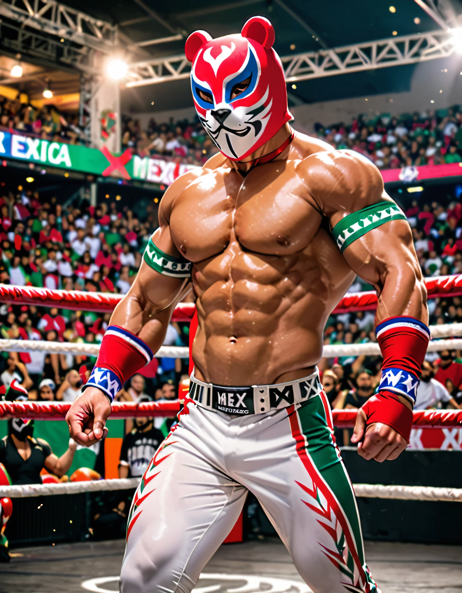 masterpiece, best quality, solo. solo focus, 1man, wrestler, male_focus, Mexican luchador, brown long tights with white, white laced boots, matching wristbands, muscular, toned, bare upper body, (decorated mask, brown bear mask), wrestling ring, Mexico City background, solo, perfect anatomy, full body shot, cowboy shot, festive atmosphere, flexing his muscles.