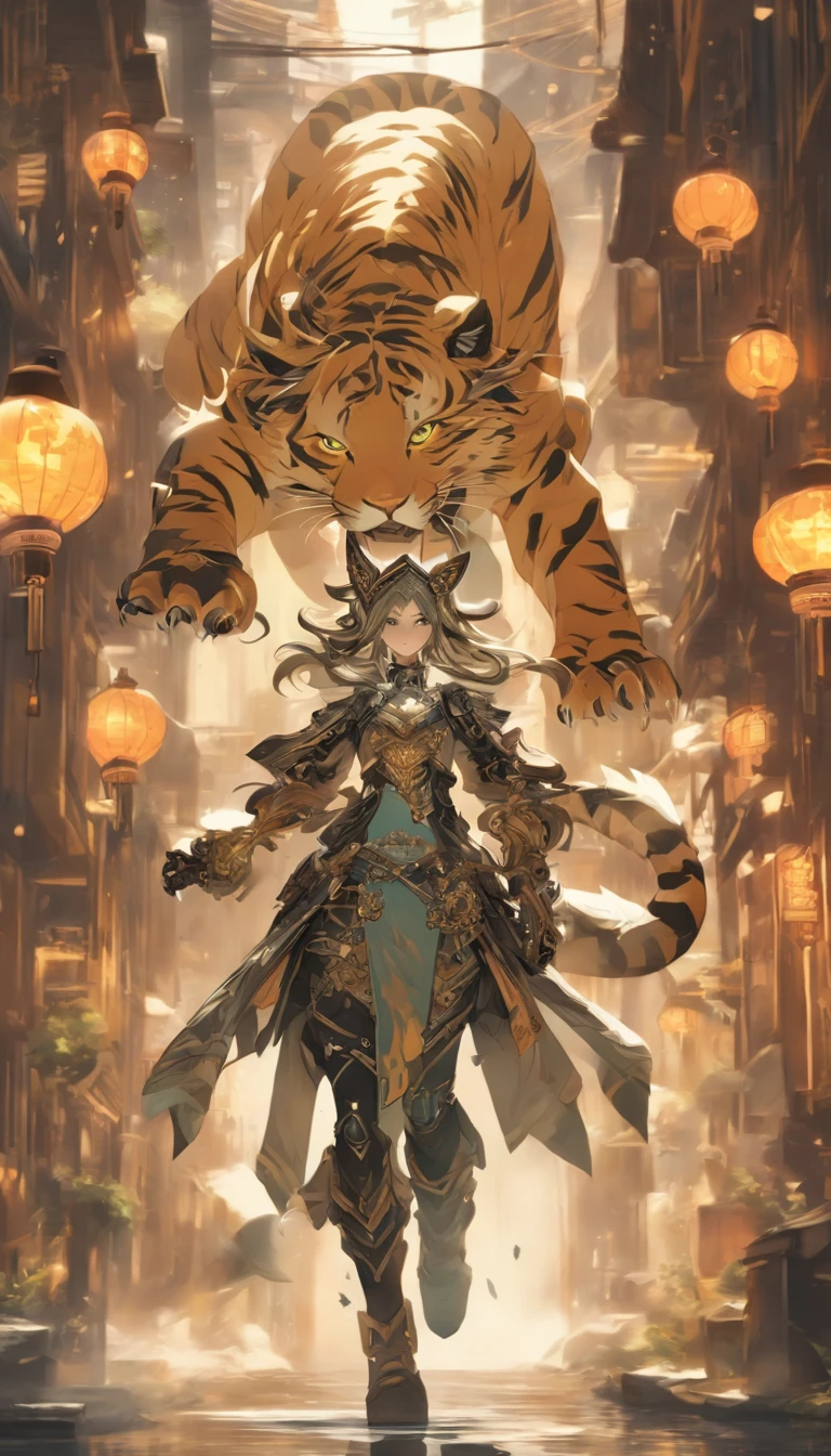 Chinese ink style，Steampunk world，Tiger-shaped steampunk warframe girl，Jet steam is suspended in the city air，Ink animation art，Ink comic art，water ink，ink，Smudge，8K，Delicately portrayed，Works of masters，Black and white tones
