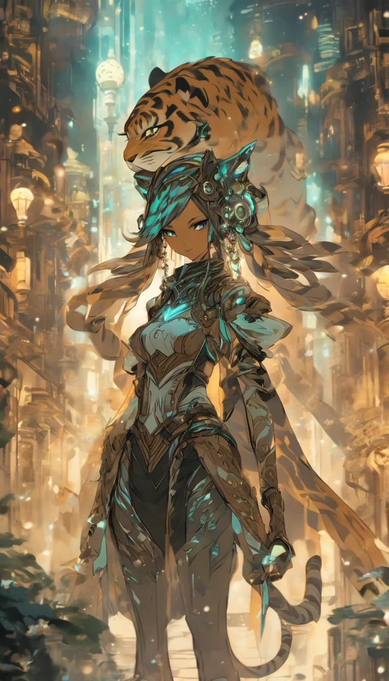Chinese ink style,Steampunk world,Tiger-shaped steampunk warframe girl,Jet steam is suspended in the city air,Ink animation art,Ink comic art,water ink,ink,Smudge,8K,Delicately portrayed,Works of masters,Black and white tones