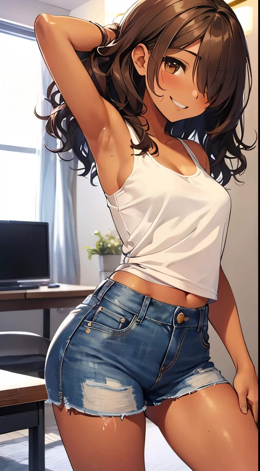 highest quality、Elementary school student bra、Beige shorts、Cool look、Stretch your legs in the room、Armpit sweat、Grass、Ecstasy face,(Attractive person), (girl1name), (Highly detailed face, smile) ,, (日本のgirl), Slightly round face, (Tan brown face:1.6), cute, Big eyes、2D,highest quality,(masterpiece),(((whole bodyが映る))),(((whole body))),(wavy-medium hair:1.6),(hair over one eye:1.3),((Chestnut brown hair)),Healthy brown skin,((Denim hot pants)),Leather Belt,Pink Tank Top,Shining bare feet,barefoot,Beautiful brown eyes,Attractive thighs,Sloppy body type,Bedroom,get drunk,Upward glance,cheeks are bright red,あざでcute,Sexy as hell,Erotic look,whole bodyに汗の大きな滴,humid,Waistline、My Room、(Standing pose),(Front angle:1.2),Angle to emphasize the buttocks