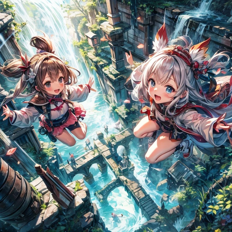 high quality fantasy cute anime illustration, made_in_abyss style, waifu Riko and partner Regu, jumping dive in onsen underground ancient ruin, view from above