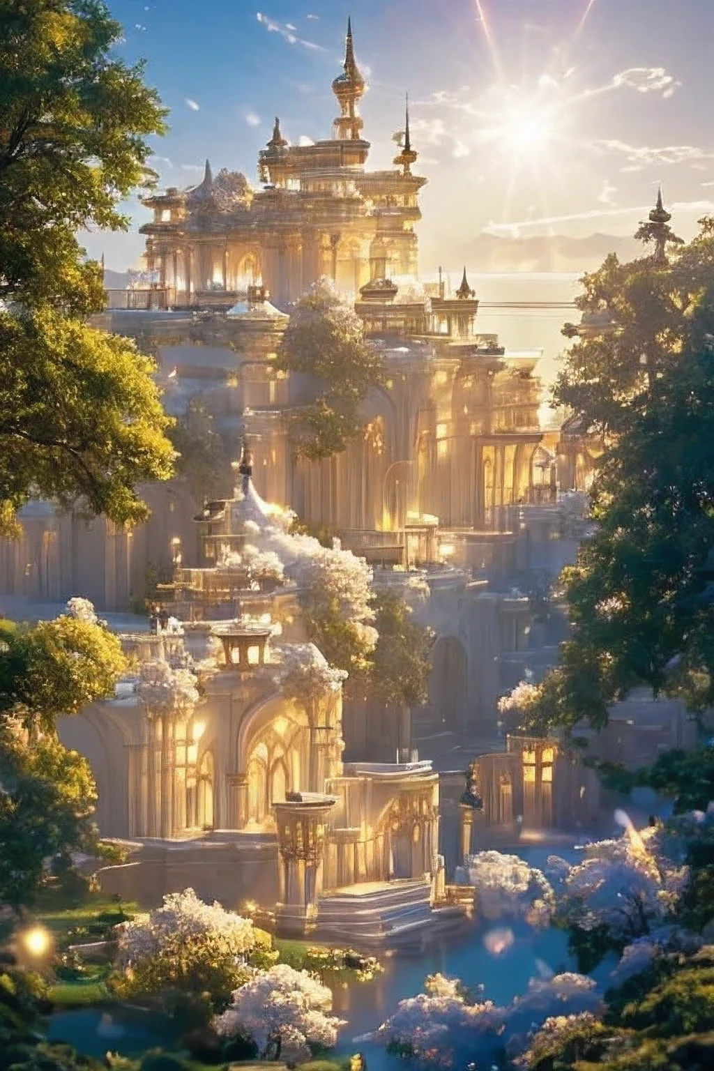 A heavenly dream castle, surrounded by clouds and a halo of light, a tremendously beautiful, majestic, dazzling sight,Cloud World, angels flying around, majestic gates and pillars, the sun and moon and stars, in heaven,
masterpiece, best quality, ultra-detailed,
Sidon, Sidon style
(photorealistic), an extremely delicate and beautiful, depth of field, film grain, professional lighting,
photon mapping, radiosity, physically-based rendering,