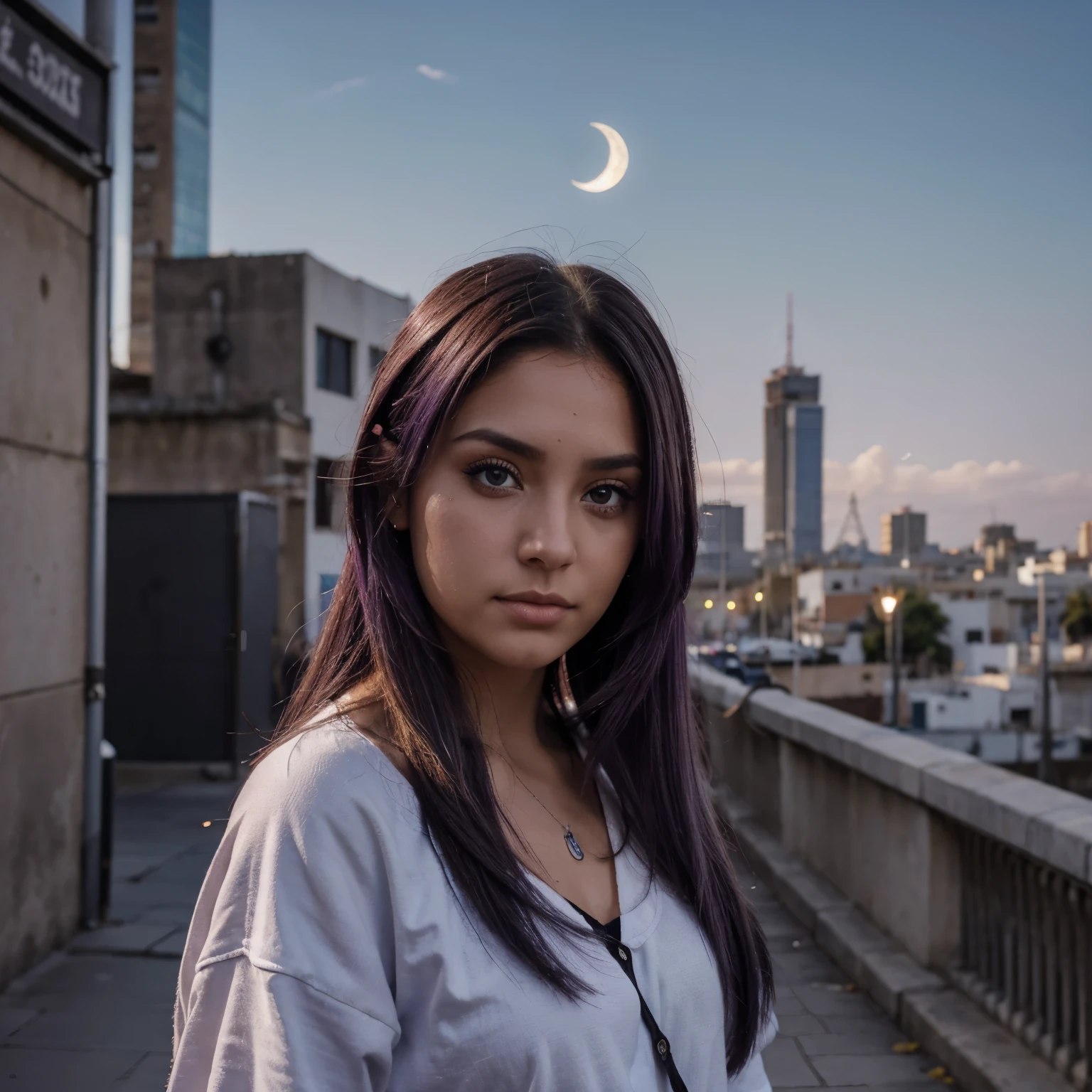 Chica hermosa de ojos violeta con un lunar en el ojo izquierdo, cabello plateado largo ondulado, cubierta de sangre con una catana en la cintura con un fondo de una ciudad destruida