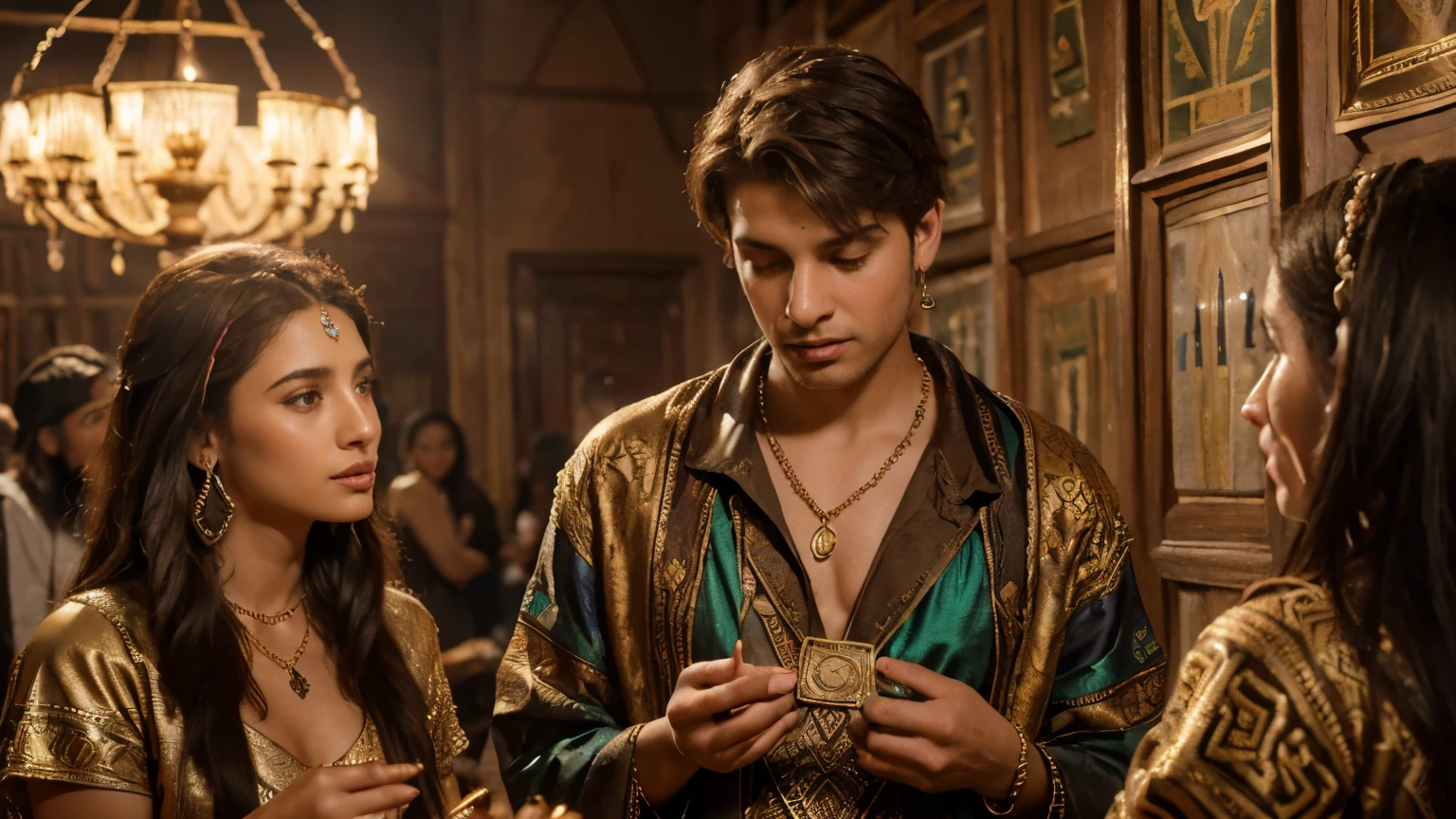 (young Jewish man wasting money buying jewelry from Moabite women, ancient Judea,) (oil painting), (vibrant brush strokes, detailed textures, rich colors), (best quality, 4k resolution, high resolution: 1.2), (shades warm, earthy colors), (soft and diffuse lighting)