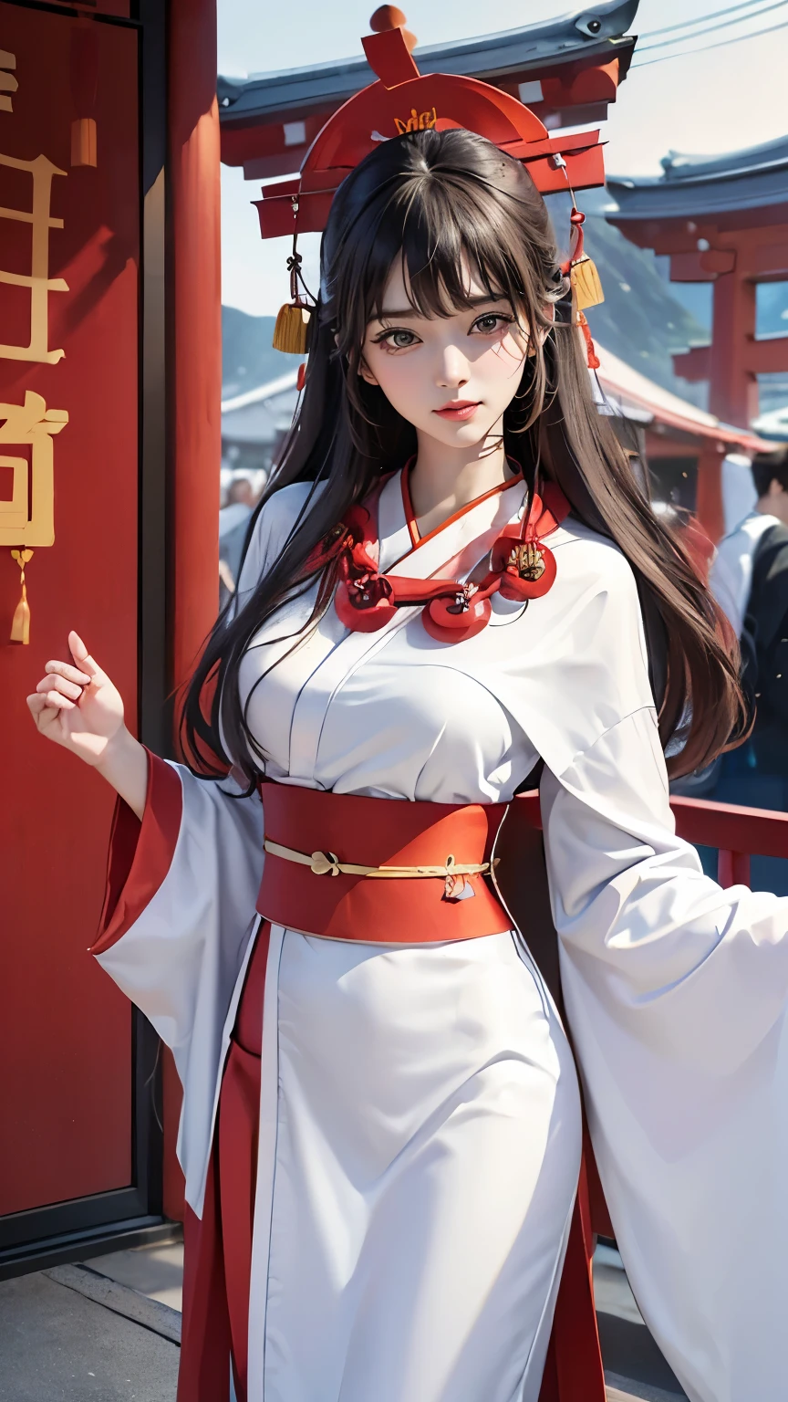 (((Japanese New Year scenery))), (((SFW))), 8k, ((Tabletop)),(((highest quality))),((Very detailedな)),((((Realistic)))), Photorealistic:1.37, (超Realisticな), (Awareness-raising), (High resolution), (Very detailedな), (The best Awareness-raisingns), (Very detailedな細), (wall), (Detailed face), (Beautiful expression), ((詳細 highest qualityのスキン:1.2)), ((Reddish blush)), (Very detailedな細な背景, Detailed Background), (beautifully、aesthetic: 1.2), Very detailed, (((Woman in priestess dress:1.5))), ((Affectionate smile)), highest quality, 超A high resolution, (Realistic:1.4), Beautiful face in every detail, Detailed clothing, (Facing the front:1.5)masterpiece,Best image quality,There is a woman standing there wearing a shrine maiden outfit and with bare skin.., (((thin shrine maiden kimono))), ((girl'hair: Shrine maiden decoration on roll-up hair)), New Year's pine decoration, all of, Red Torii Gate, Big business, Praying Customer, Gorgeous New Year decorations, 金箔装飾されたBig business, At the shrine shining in the morning sun