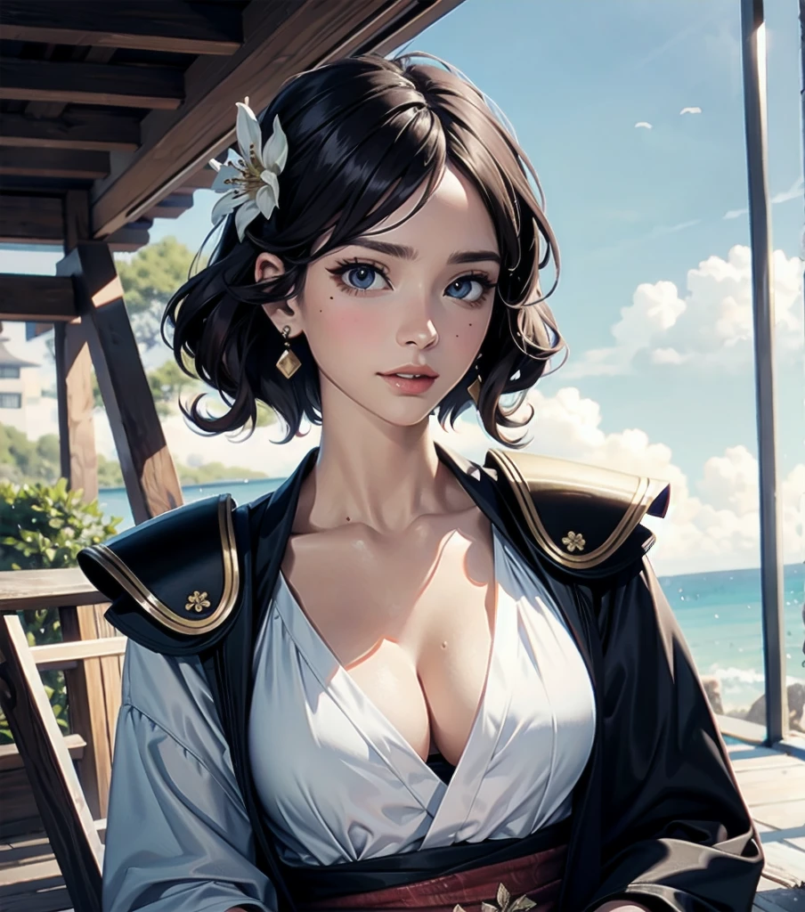 masterpiece, best quality, extremely delicate and beautiful, ultra-detailed, high-resolution, 20 years old, detailed beautiful face, tearful mole, earring, very huge round breasts, short medium hair, wavy hair, wet clothes, full body shot, alone, (assassin), kimono, (armor),