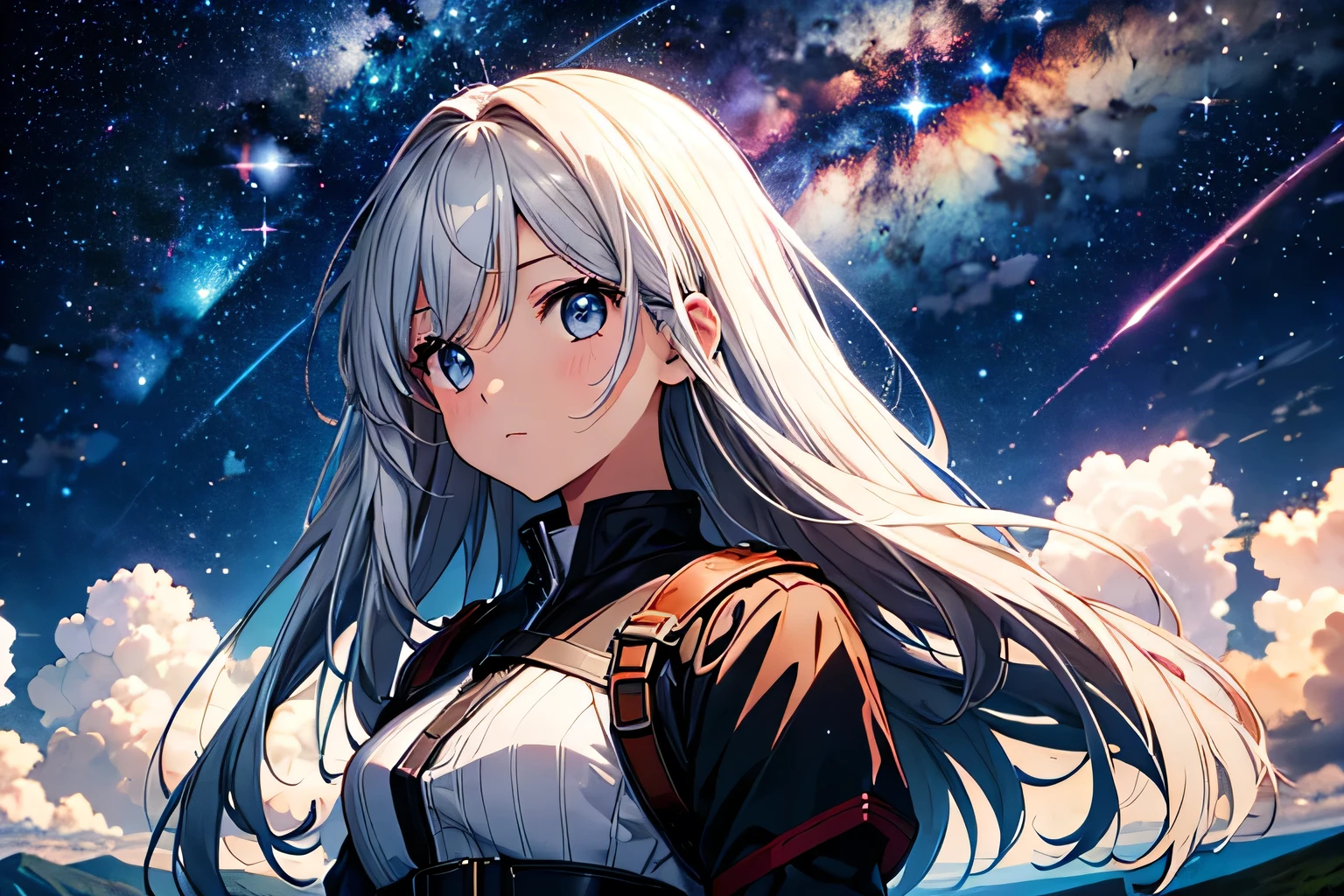 Absurd, High resolution, (Official Art, beautifully、aesthetic:1.2), Close-up,One girl, Bright Sky, A vast world, stare, Awe-inspiring expressions, Distant Horizon, cloud, High Hill, Natural Beauty, Inspiration, Night Sky, Shining Star