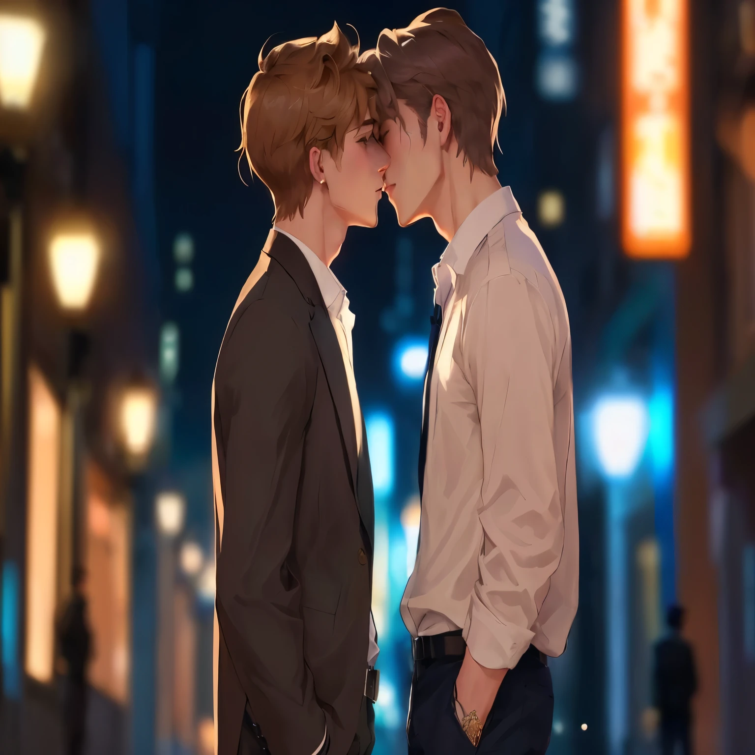 there are two men standing next to each other in the street, kissing together cutely, yaoi, two anime handsome men, lgbt art, kissing each other, cute boys, kissing together, kiss mouth to mouth, lovely kiss, makoto shinkai and (cain kuga), high quality fanart, male art, marton gyula kiss ( kimagu )