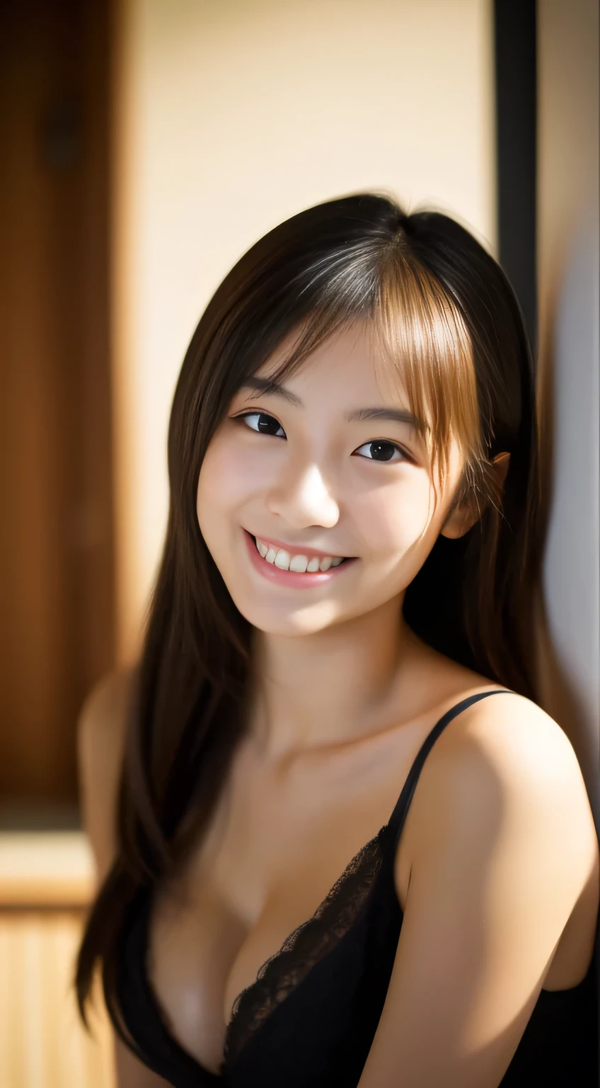 masterpiece,best quality,(Japanese ),((Beautiful girl)),cleavage,indoor,(perfect body beauty:1.2),(shy smile),beautiful teeth,