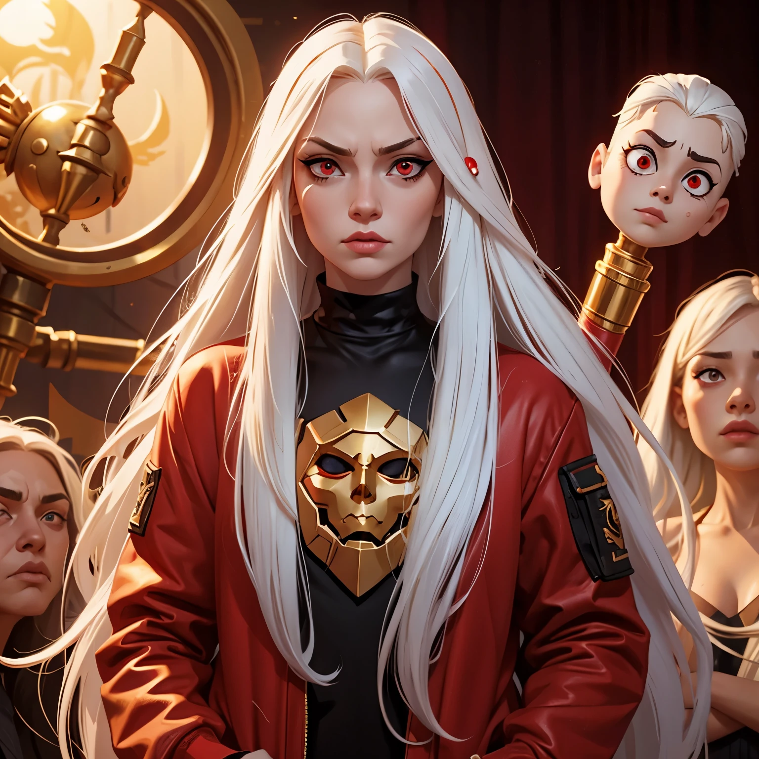 badass woman with long white hair, red eyes and golden skin, with childish features and wearing lots of clothes