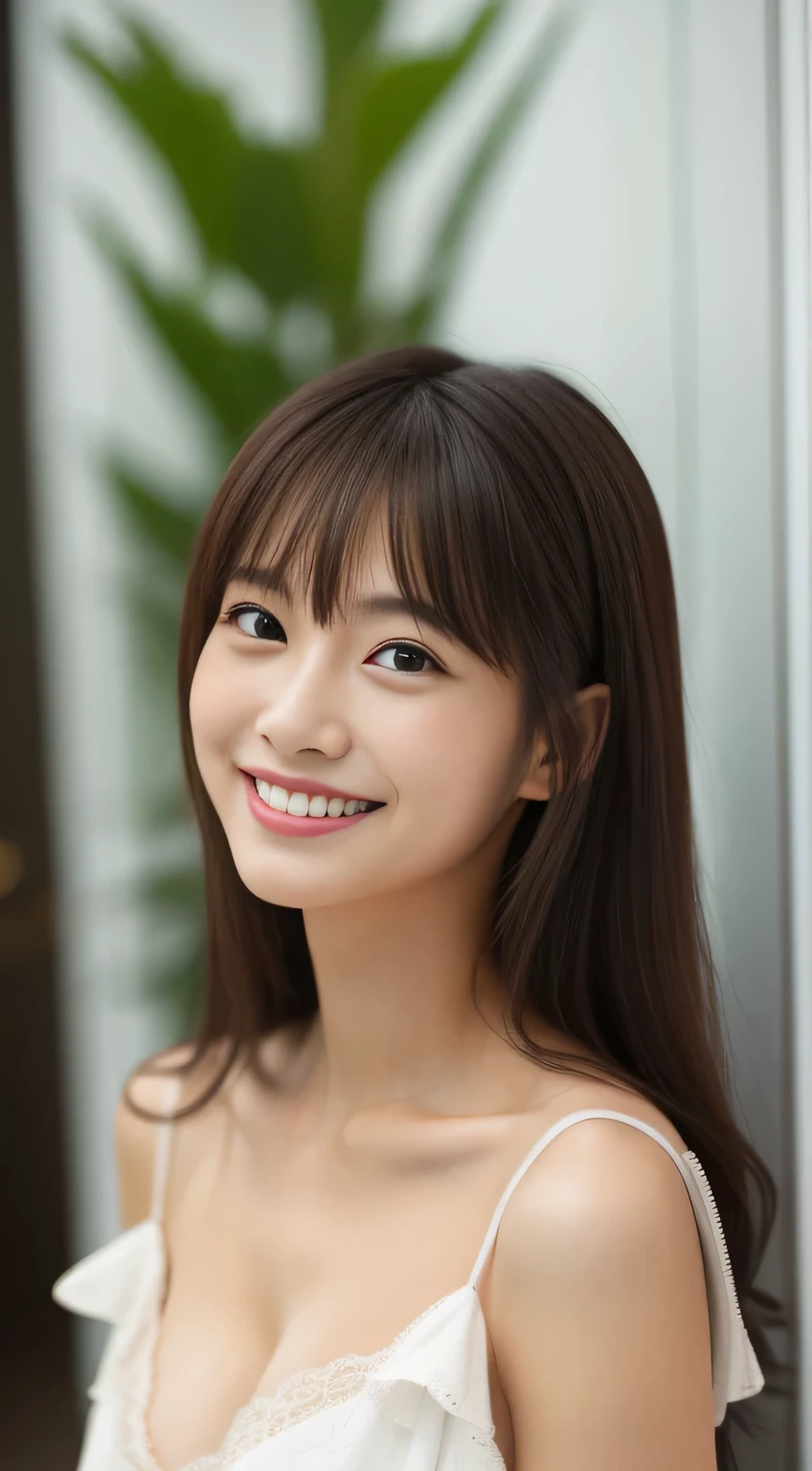 masterpiece,best quality,(Japanese ),((Beautiful girl)),cleavage,indoor,(perfect body beauty:1.2),(shy smile),beautiful teeth,