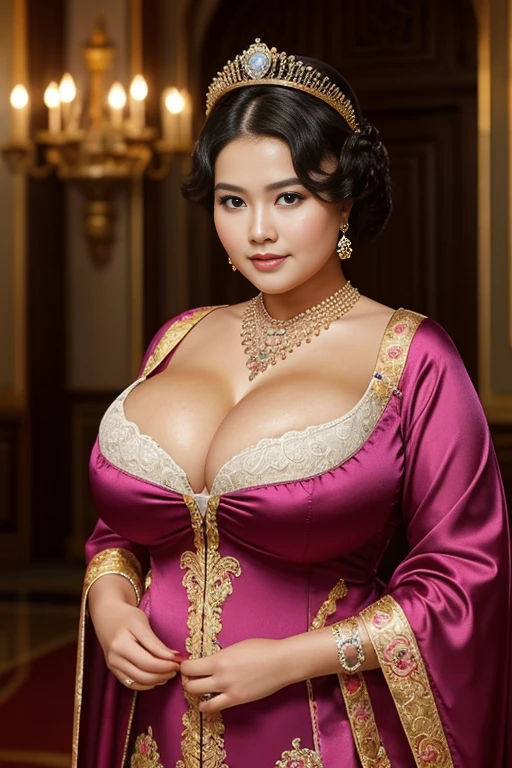 queen chubby, photo vintage, visage feminin parfait, , tache de rousseur, 1888, big huge breasts size : 48k ,FRONT VIEW, Rembrandt LIGHT , EXTREME LONG V-NECK, VERY BIG CLEAVAGE, VERY ENORMOUS TITS, BEAUTIFUL EYES, BEAUTIFUL HANDS, LIGHT SMILES, PERFECT FACE, tres long décolleté, CASTLE BACKGROUND, QUEEN, NECKLACE, RING, JEWELERY RICH, SFW, FULL BODY, COLORFUL, chinese bbw, ROYAL lingerie,