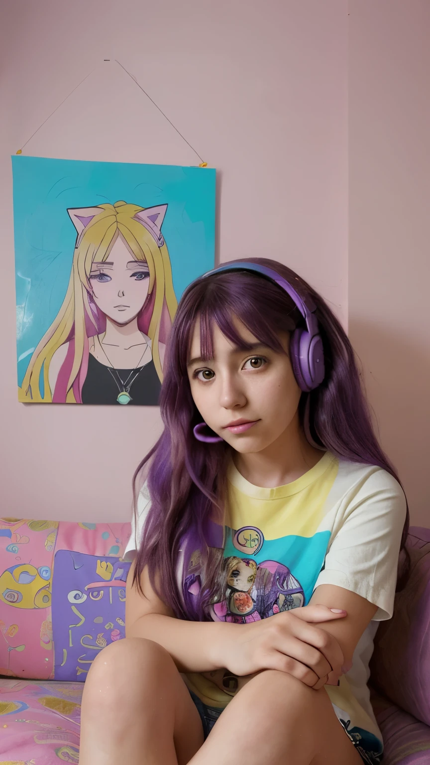 An incredibly creative and colorful visual drawing of a young girl in her room recording a podcast. La chica, con cabello vibrante y estilo anime, sits on a square sofa surrounded by purple colors and elements that represent her podcast theme. A su lado, her friendly cat accompanies her. The illustration captures the essence of the content, combining anime elements and bright colors to create an attractive and fun atmosphere.