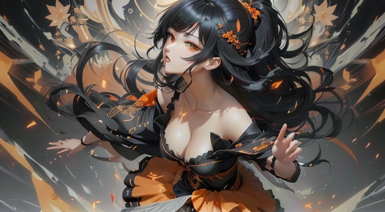 Anime girl with black hair and an orange dress in front of a black background, Anime Style 4k, ayaka genshin impact, Best Anime 4K Konachan Wallpaper, anime art wallpaper 4k, anime art wallpaper 4k, Detailed digital anime art, anime art wallpaper 8k, 4K Manga Wallpapers, Beautiful anime artwork, 4k anime wallpaper