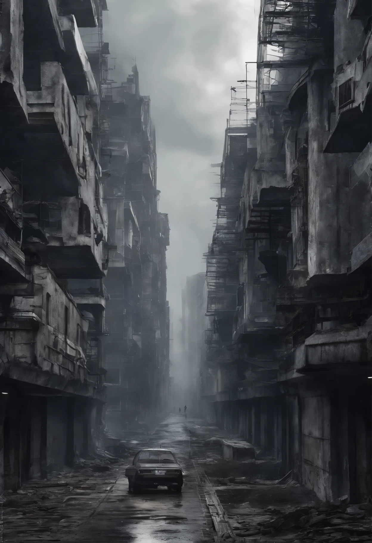 image taken from above and behind the shoulder of a dirty GIRL with her back turned and DRESSED IN a dirty HOOD from a second floor balcony of a dilapidated futuristic building, she is looking at an ultra futuristic wide and tall wall, has 2 giant tunnels in the wall with giant hydro-electric turbine propellers, distopia, lixo nas ruas, curved buildings in ruins, apocalypse moderno, view of the entire city with many wide, cylindrical buildings and metal houses in dark colors from dark blue to black and in ruins, the apocalyptic city has shades of metal gray, has smoky metal structures , It&#39;s raining, there are puddles of water in the streets, apocalyptic industrial environment with smoke and fog around, carros escuros nas ruas, tem viadutos largos e longos e bifurcados no meio da cidade, desert megalopolis, trilhos e trens modernos de de metal passando estre as ruas da cidade, tall futuristic metal buildings, many ultra modern buildings around, , as realistic as possible, As detailed as possible, imagem realista, Science fiction
