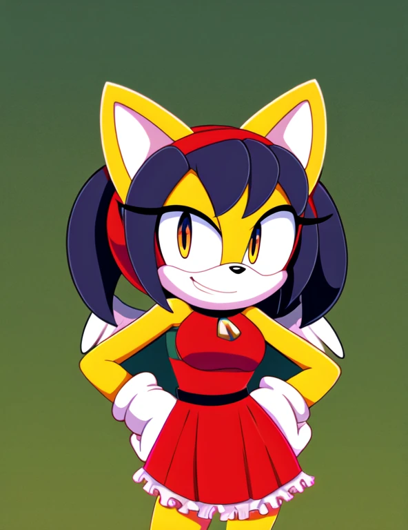 score_9, score_8_up, score_7_up, honey the cat, 1girl, black hair, white angel wings, solo, hand on own hip, gloves, red dress, twintails, smirk, smug, frilly hair ties 