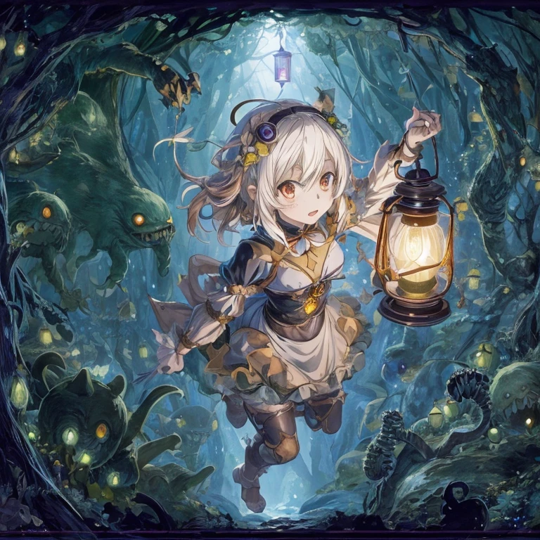 anime girl with lantern in a cave with many creepy creatures, girl under lantern, alchemist girl, anime fantasy illustration, best anime 4k konachan wallpaper, anime fantasy artwork, anime art wallpaper 8 k, splash art anime , anime art wallpaper 4 k, anime art wallpaper 4k, nightcore, a maid in a magical forest, anime in fantasy style