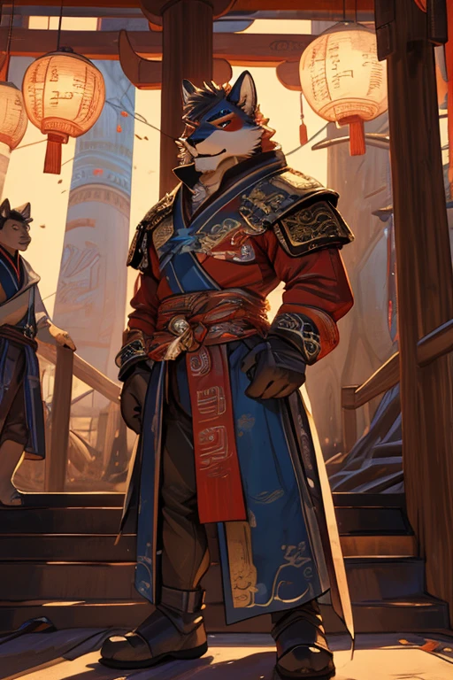 Anthropomorphic, Rooster, ancient Chinese clothes, flintlock pistol holder, ancient chinese cyberpunk town