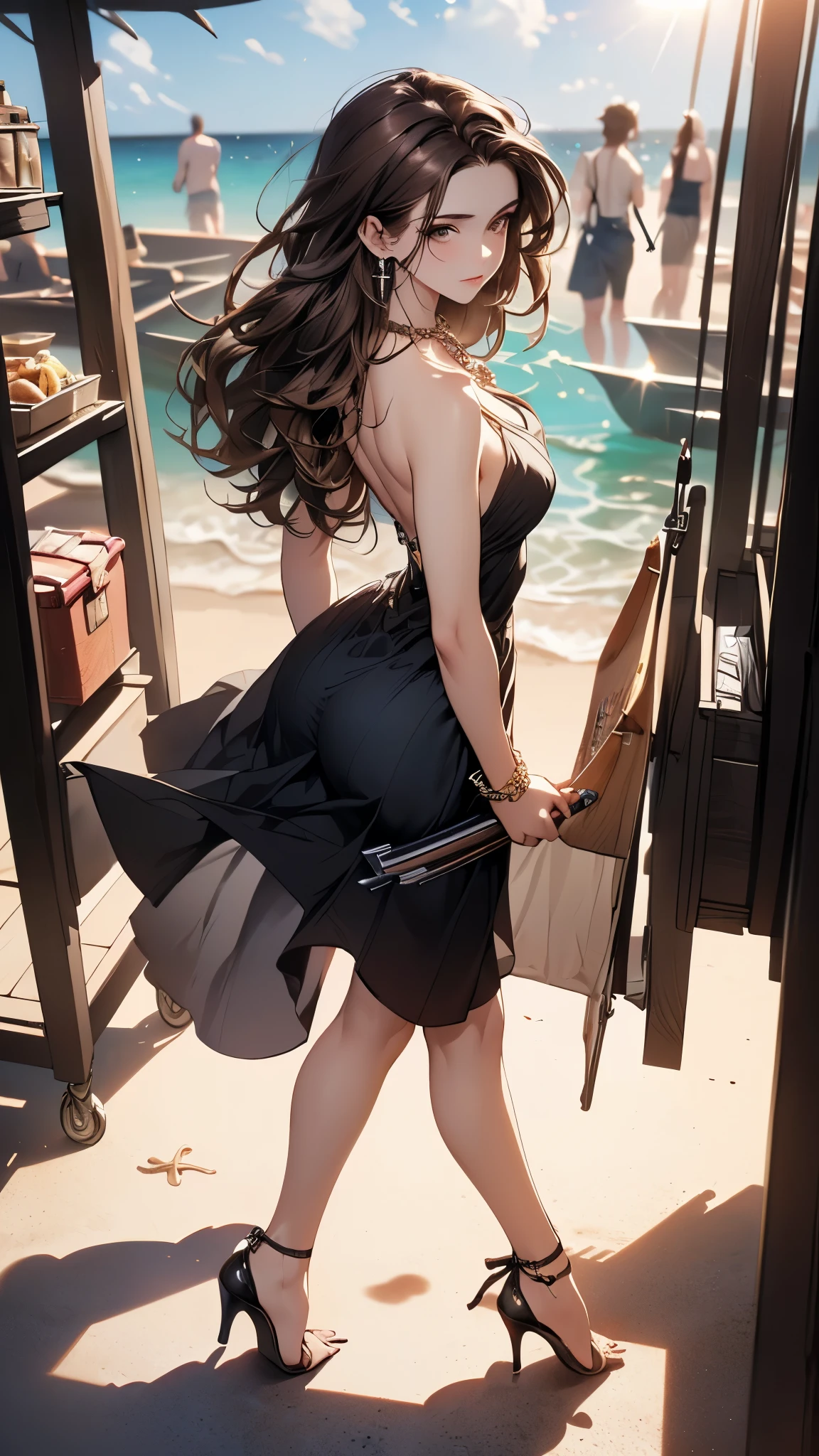 ((Biologically correct limb count))、((Full Body Shot, Full-body photo including face))、4K、masterpiece、((Focus on the face))、((Symmetrical facial features))、Eyes of meticulous depiction、Beautiful woman、Excellent style、Beautiful feet、(High heels)、Facial detailing、Small earrings、necklace、(Sleeveless、Box Pleated Cart)、Strong sunlight、Scene of walking on the beach、Brown Hair、Shortcuts、Walking posture、((Buckshot、back))、High angle