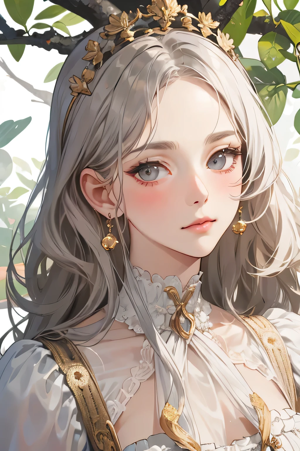 Empress, forest nymph, ethereal forest girl, perfect anatomy, hanging jewels, pretty girl, amazing body, best proportions, victorian queen dress, ancient goddess ((((closeup face)))), looking at viewer, grey eyes, white long hair, blush, closed mouth, with golden dress