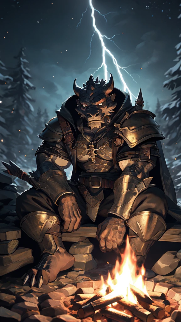 solo, kemono, (mike tyson), anthro, male, ((black body)), scales, tail, muscles, handsome,war armor, medieval, fantasy, outdoors, outside, dark, night, forest, campfire, camp, stars, sitting, toe claws, epic, depth of field, perfect lighting, (light particles),(best quality),(masterpiece),(ultra detailed),sharp focus,light particles, fire fire fire, lightning