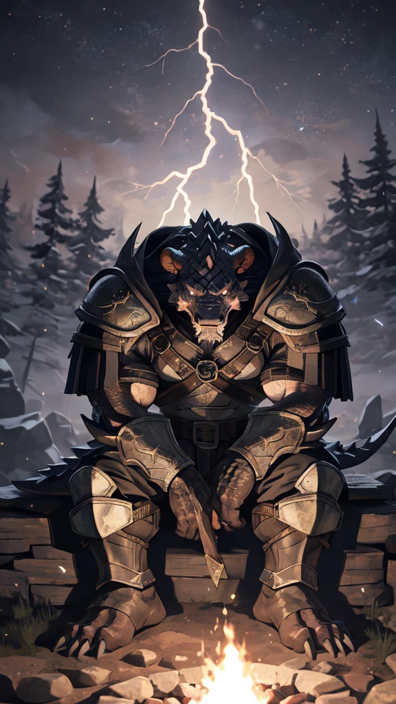 solo, kemono, (mike tyson), anthro, male, ((black body)), scales, tail, muscles, handsome,war armor, medieval, fantasy, outdoors, outside, dark, night, forest, campfire, camp, stars, sitting, toe claws, epic, depth of field, perfect lighting, (light particles),(best quality),(masterpiece),(ultra detailed),sharp focus,light particles, fire fire fire, lightning