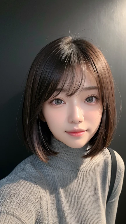 (((Close-up of face)))、(((Absolutely shoulder-length brown straight short bob)))、(((She is posing like a hair salon model, with a black wall indoors as the background.)))、(((Casual black winter long sleeves with shoulders covered)))、Half Japanese, half Korean、18 year old girl、Standing Alone、Looking forward、Light eye makeup、Brown Hair Color、Flat and 、Hair blowing in the wind、Actress Quality、Glossy, ultra-realistic face、Smiling face、Watery eyes、Gazing Up、Subtle lighting effects、 Ultra-Realistic Capture、Very detailed、High resolution 16K close up of human skin。Skin texture must be natural、The details must be such that pores can be clearly seen、The skin is healthy、Uniform tone、Use natural light and colors、A worn-out, high-quality photo taken by a model agency&#39;s in-house photographer.、smile、(((SIGMA 300 mm F/1.4,1/1000 sec shutter,ISO 400))) 