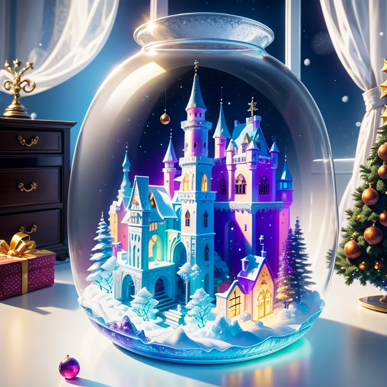 (La best quality,high resolution,Ultra Detailed,Practical)，Jelly Castle，snow，in the room，Christmas decoration，surrounded by christmas gifts，（（A masterpiece full of fantasy elements）））， （（best quality））， （（Intricate details））（8k）