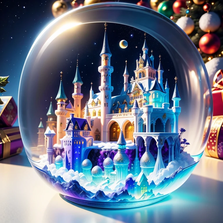 (La best quality,high resolution,Ultra Detailed,Practical)，Jelly Castle，snow，in the room，Christmas decoration，surrounded by christmas gifts，（（A masterpiece full of fantasy elements）））， （（best quality））， （（Intricate details））（8k）