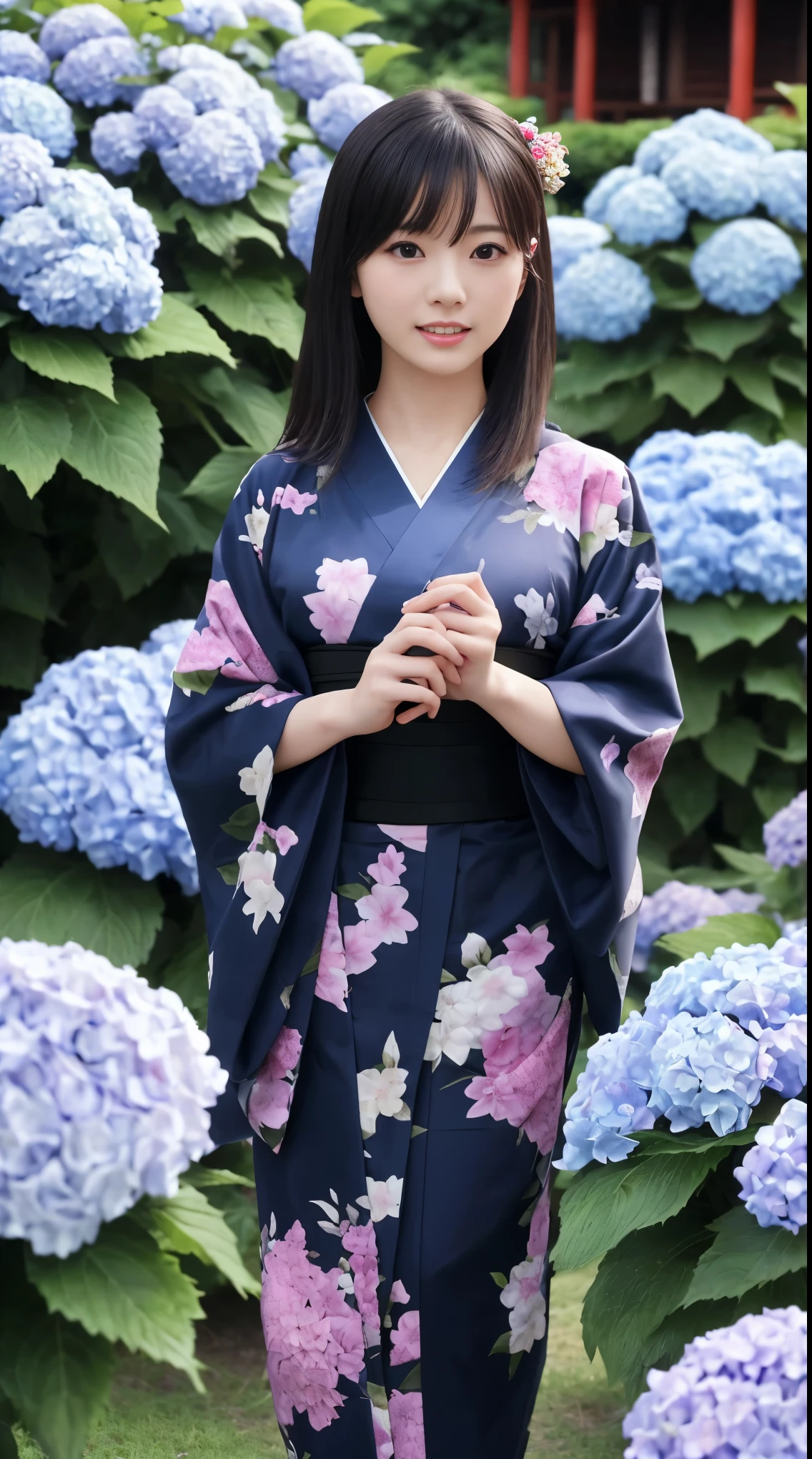最high quality、high quality、Best image quality、8k、最High resolution、High resolution、最high quality、masterpiece、RAW Photos、whole body写真、Detailed and realistic human body、Detailed and realistic skin、Realistic face in every detail、Detailed and realistic eyes、Detailed and realistic lips、Detailed and realistic teeth、Detailed and realistic ears、Detailed and realistic hair、Detailed and realistic weapons、Realistic reproduction of every detail、Realistic fingers in every detail、(Beautiful Hands、thumb1reference4)、Realistic feet down to the last detail、((Beautiful Japanese Girl))、(Japanese Model)、((18 year old beautiful girl))、(Black Hair)、(Straight hair)、((whole body))、(Slim and perfect figure)、(whole body光沢肌、Fair skin)、Detailed and realistic human body、Detailed and realistic skin、Realistic face in every detail、Detailed and realistic weapons、Realistic fingers in every detail、Detailed realistic feet、Soft natural light、(Maiko-san、geisha、kimono、Long-sleeved kimono、yukata、Japanese tradition、Samurai Residence、Japanese garden、A 360-degree field of hydrangea flowers、((Colorful floral pattern(丈が短いkimono))、((Standing in the middle of a hydrangea field(A girl surrounded by hydrangeas 360 degrees))、Poses to make your thighs look beautiful
