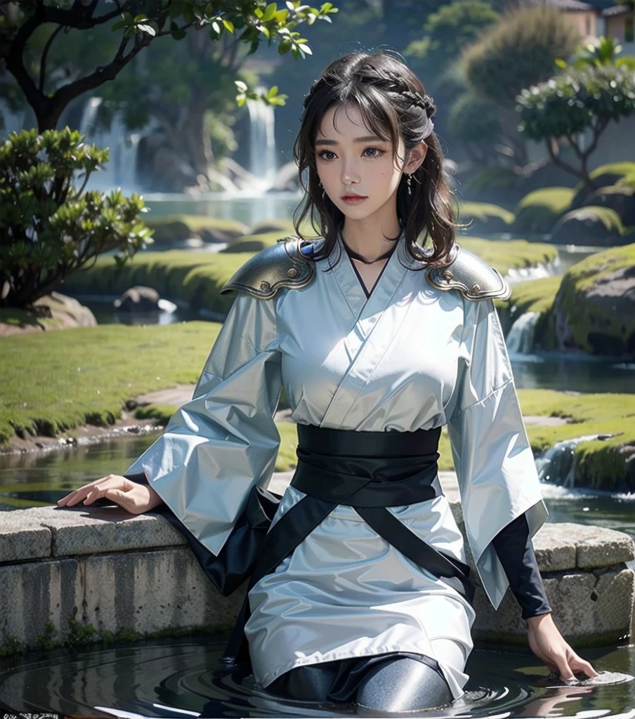 masterpiece, best quality, extremely delicate and beautiful, ultra-detailed, high-resolution, 20 years old, detailed beautiful face, tearful mole, earring, very huge round breasts, short medium hair, wavy hair, wet clothes, full body shot, alone, (assassin), kimono, (armor),