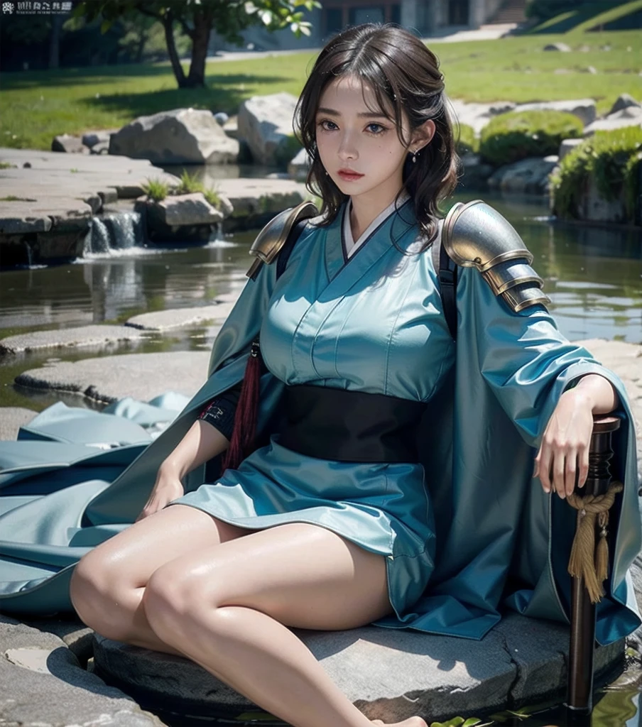 masterpiece, best quality, extremely delicate and beautiful, ultra-detailed, high-resolution, 20 years old, detailed beautiful face, tearful mole, earring, very huge round breasts, short medium hair, wavy hair, wet clothes, full body shot, alone, (assassin), kimono, (armor),
