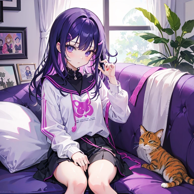 An incredibly creative and colorful 2d visual design of a young girl in her room recording a podcast. La chica, con cabello vibrante y estilo anime, sits on a square sofa surrounded by purple colors and elements that represent her podcast theme. A su lado, Her friendly cat accompanies her on the exciting podcast adventure. The illustration captures the essence of the content, combining anime elements and bright colors to create an attractive and fun atmosphere.