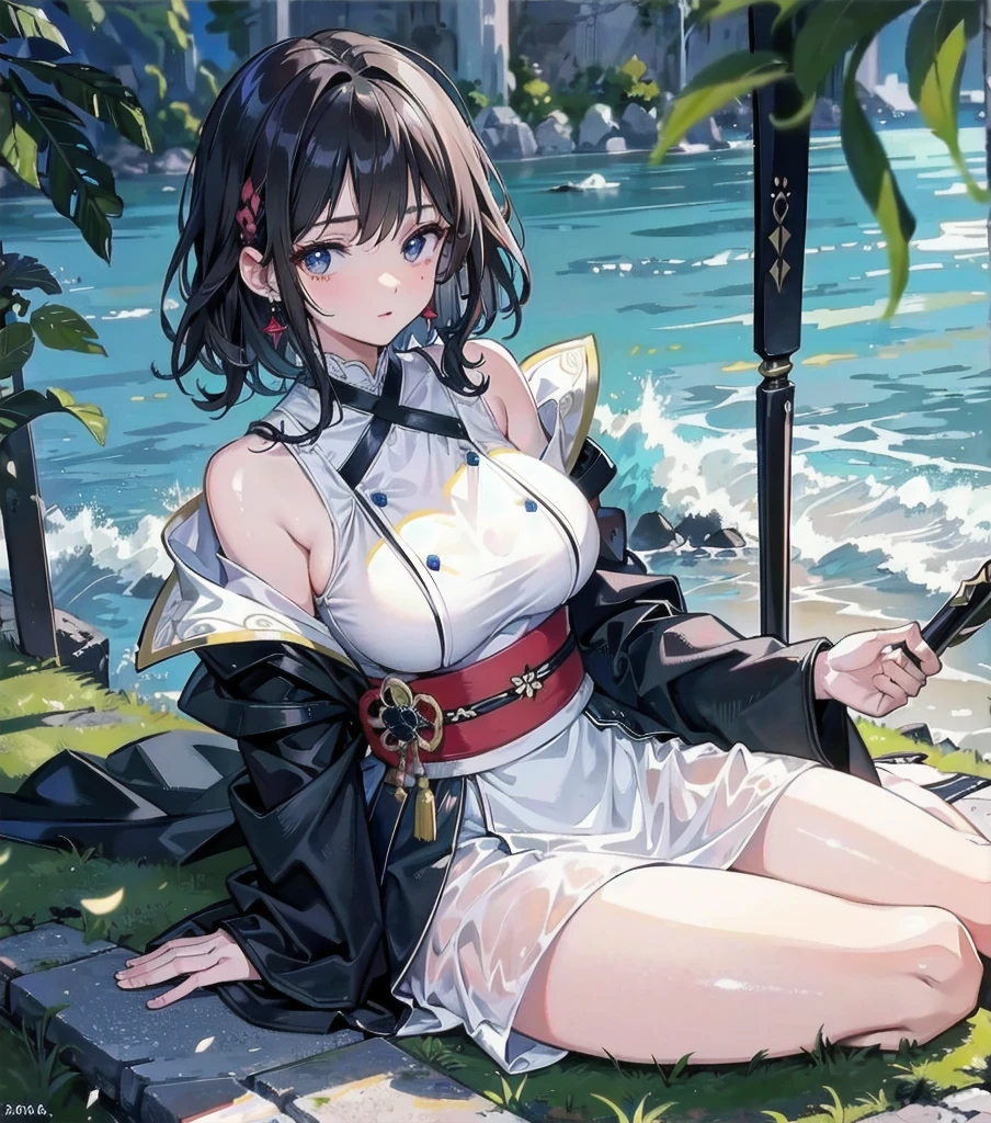 masterpiece, best quality, extremely delicate and beautiful, ultra-detailed, high-resolution, 20 years old, detailed beautiful face, tearful mole, earring, very huge round breasts, short medium hair, wavy hair, wet clothes, full body shot, alone, (assassin), kimono, (armor),