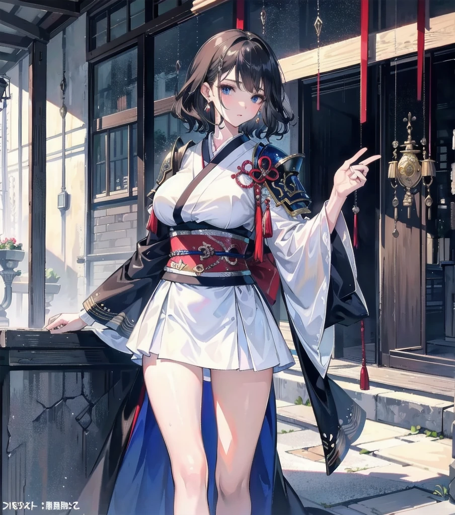 masterpiece, best quality, extremely delicate and beautiful, ultra-detailed, high-resolution, 20 years old, detailed beautiful face, tearful mole, earring, very huge round breasts, short medium hair, wavy hair, wet clothes, full body shot, alone, (assassin), kimono, (armor),
