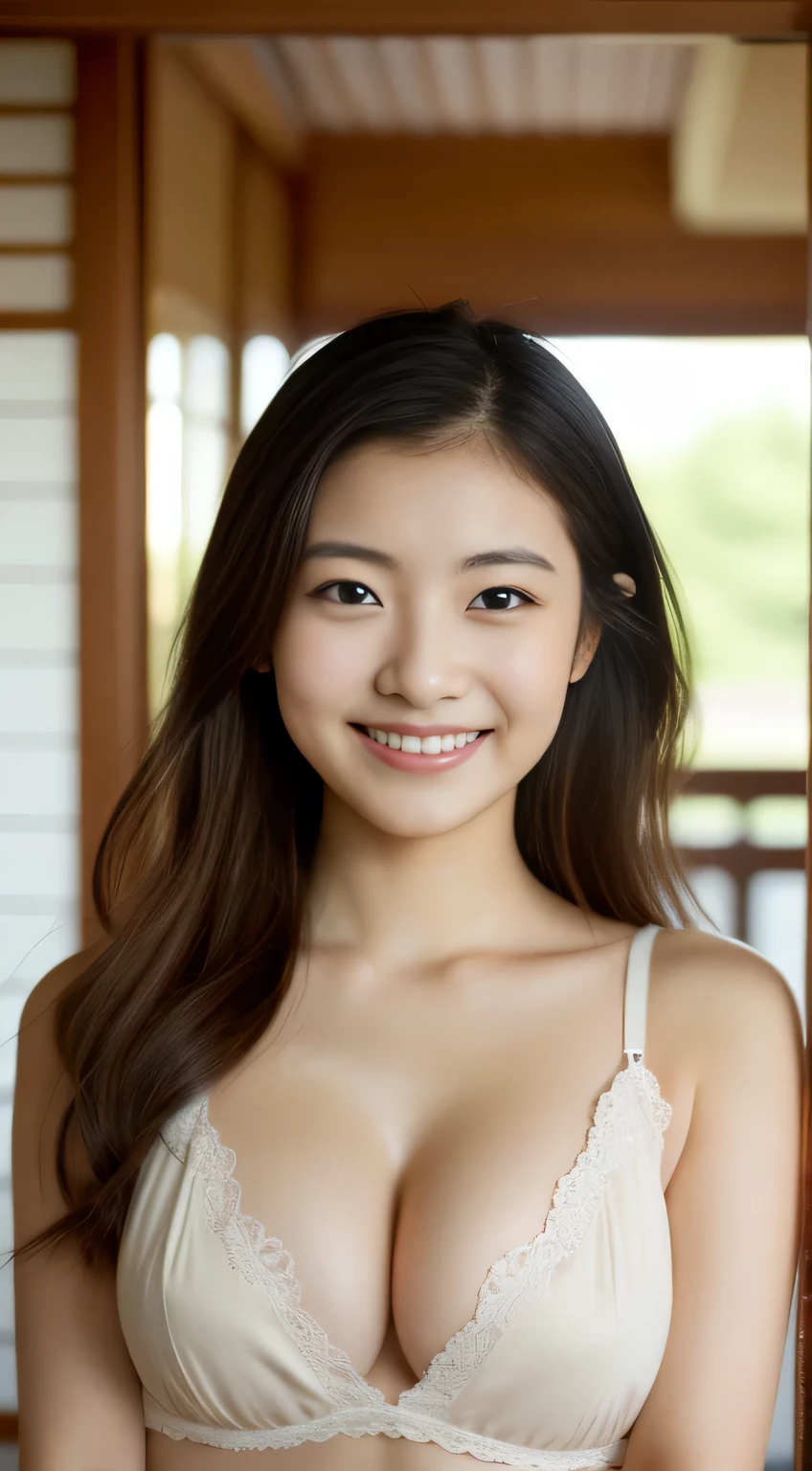 masterpiece,best quality,(Japanese ),((Beautiful girl)),cleavage,indoor,(perfect body beauty:1.2),(shy smile),beautiful teeth,