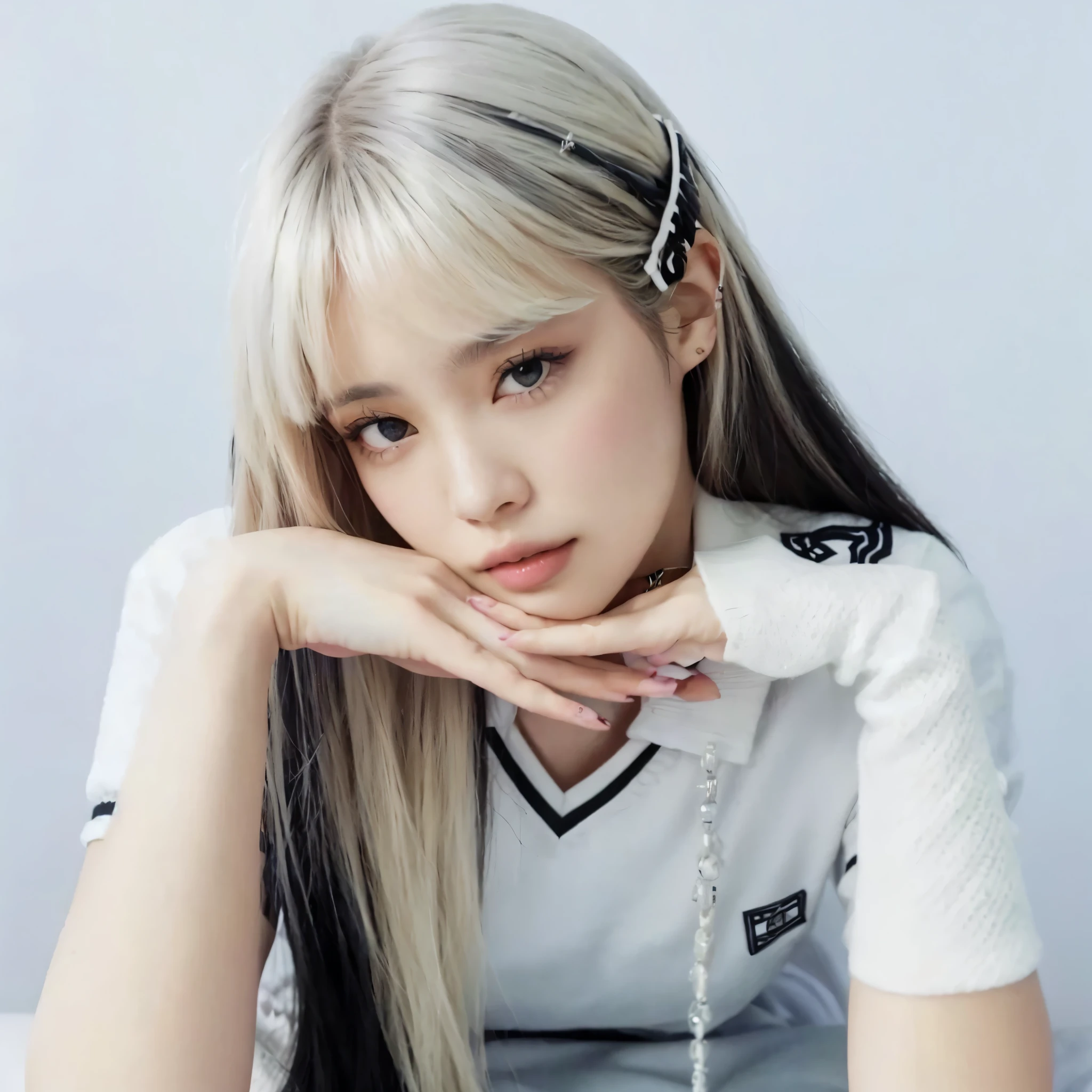 un primer plano de una persona con cabello largo y un collar, Lalisa Manobal, parque roseanne de blackpink, Lalisa Manoban de Blackpink, portrait of jossi de blackpink, pelo largo y blanco y flequillo, jossi de blackpink, flequillo blanco, su cabello es blanco, jia, cabello con flequillo blanco, con el pelo largo y blanco, shikami