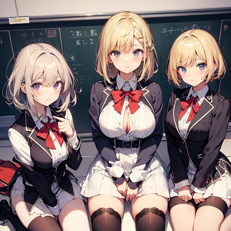Short haircut、Blonde、tits、high school、uniform、stockings、Open your legs while crouching、Perfect body、Love juice overflows
