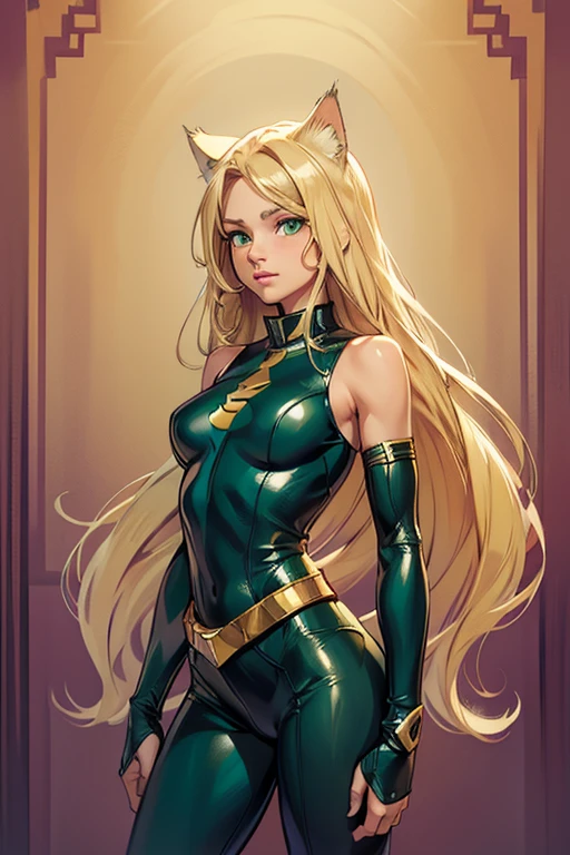 14 years old, girl, long blonde hair, flowing blonde hair, cat ears, green eyes, in a superhero costume with leggings, masterpiece, high quality,