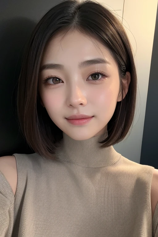 (((Close-up of face)))、(((Absolutely shoulder-length brown straight short bob)))、(((She is posing like a hair salon model, with a black wall indoors as the background.)))、(((Casual black winter long sleeves with shoulders covered)))、Half Japanese, half Korean、18 year old girl、Standing Alone、Looking forward、Light eye makeup、Brown Hair Color、Flat and 、Hair blowing in the wind、Actress Quality、Glossy, ultra-realistic face、Smiling face、Watery eyes、Gazing Up、Subtle lighting effects、 Ultra-Realistic Capture、Very detailed、High resolution 16K close up of human skin。Skin texture must be natural、The details must be such that pores can be clearly seen、The skin is healthy、Uniform tone、Use natural light and colors、A worn-out, high-quality photo taken by a model agency&#39;s in-house photographer.、smile、(((SIGMA 300 mm F/1.4,1/1000 sec shutter,ISO 400))) 