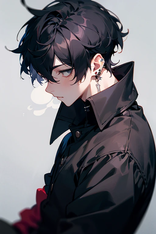 crea una foto de un chico de cabello largo y negro,con cuernos piercings en la oreja, camisa morada y negra sosteniendo una rosa