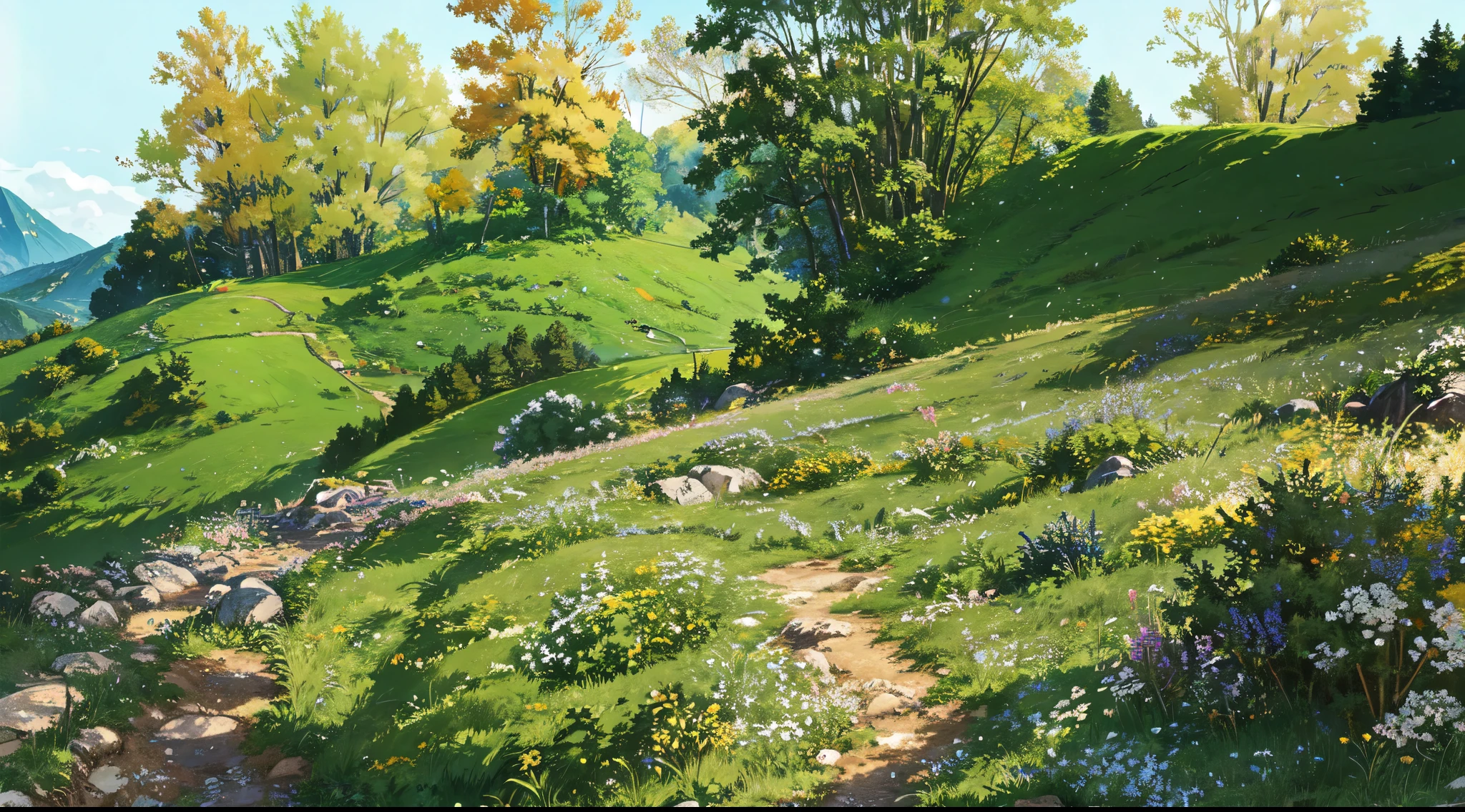 Cartoon beautiful fantasy empty sloping field with trails and trees on a sunny day, arte de fundo, detailed background artwork masterpiece, Mobile game background, game background, 2 D game art background, just plain green country side, not much color scenery art detailed, landscape artwork, Mobile game art, 2d game background, Anime background art, anime countryside landscape, Detailed game art, 4k