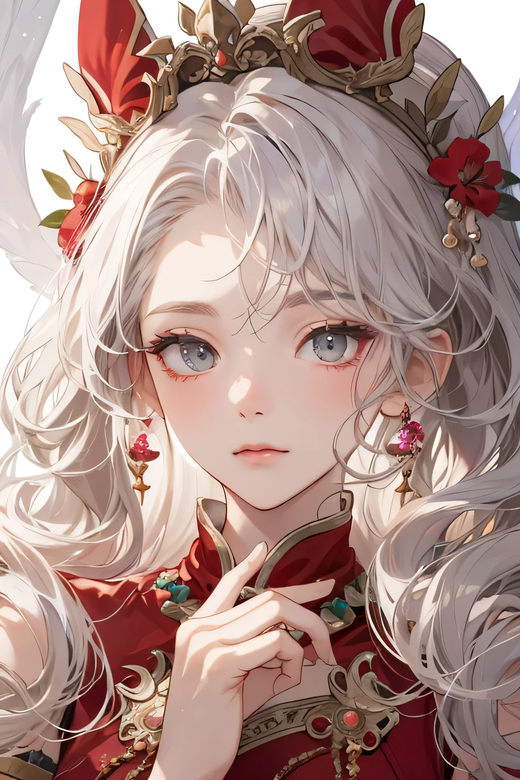 Empress, forest nymph, ethereal forest girl, perfect anatomy, hanging jewels, pretty girl, amazing body, best proportions, yunani red dress, ancient goddess ((((closeup face)))), looking at viewer, white long curl hair, grey eyes, closed mouth